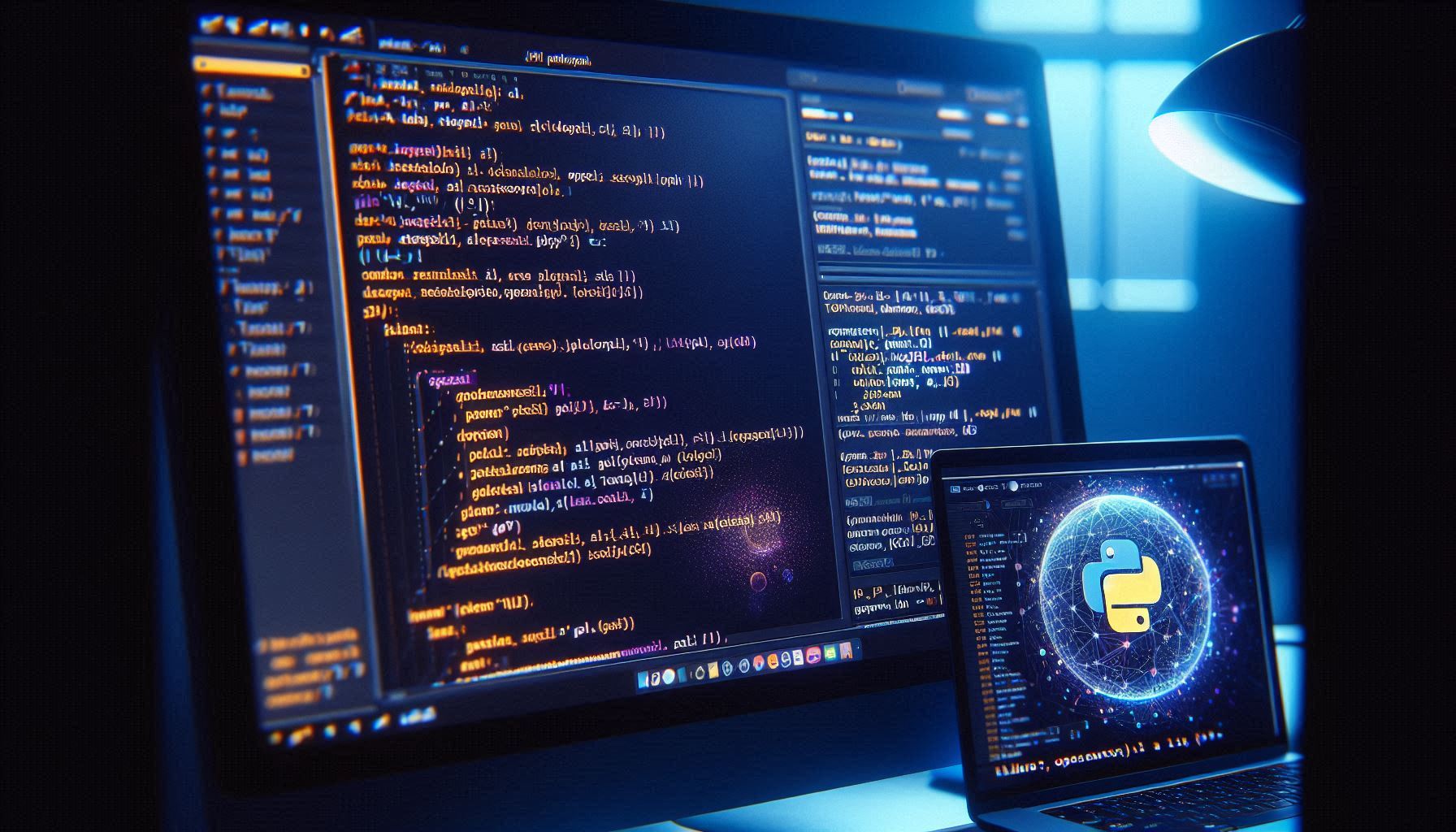 Code sur écran d'ordinateur montrant appels API OpenAI en Python, fenêtre terminal avec réponses JSON, ambiance développeur moderne, éclairage bleu, style photographique pro