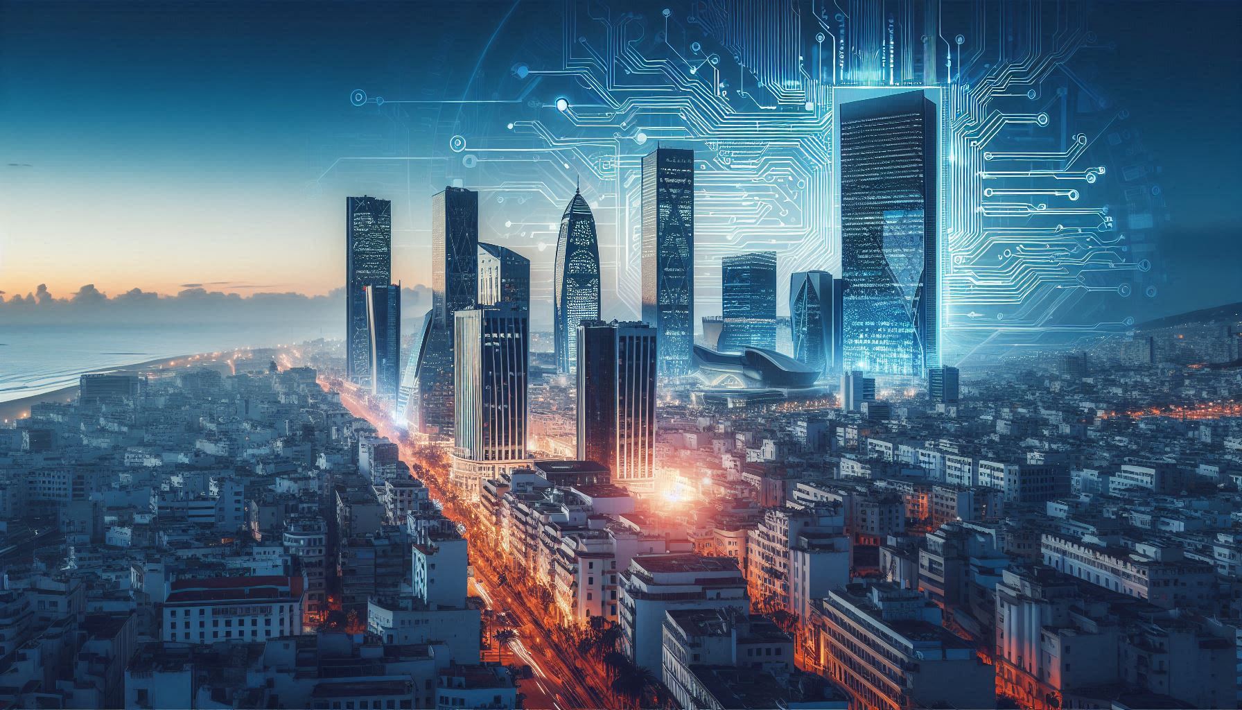 Vue moderne de Casablanca avec gratte-ciels technologiques, circuit électronique transparent en surimpression, ambiance futuriste mais authentique, couleurs bleu et orange, style photographique réaliste
