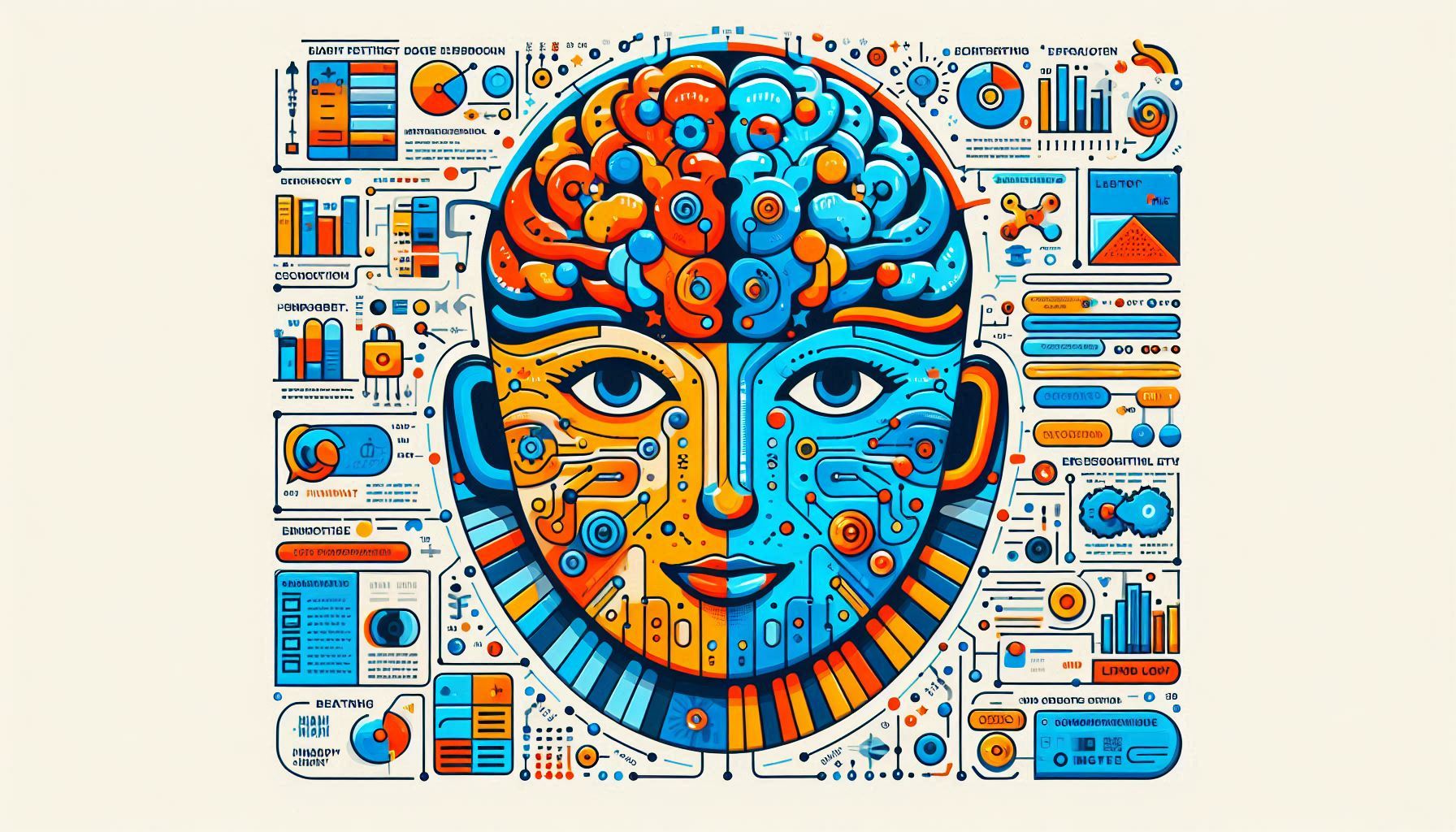 Illustration colorée et ludique d'un cerveau mi-humain mi-circuit électronique, style moderne et accessible, couleurs vives bleu et orange, fond blanc, aspect éducatif
