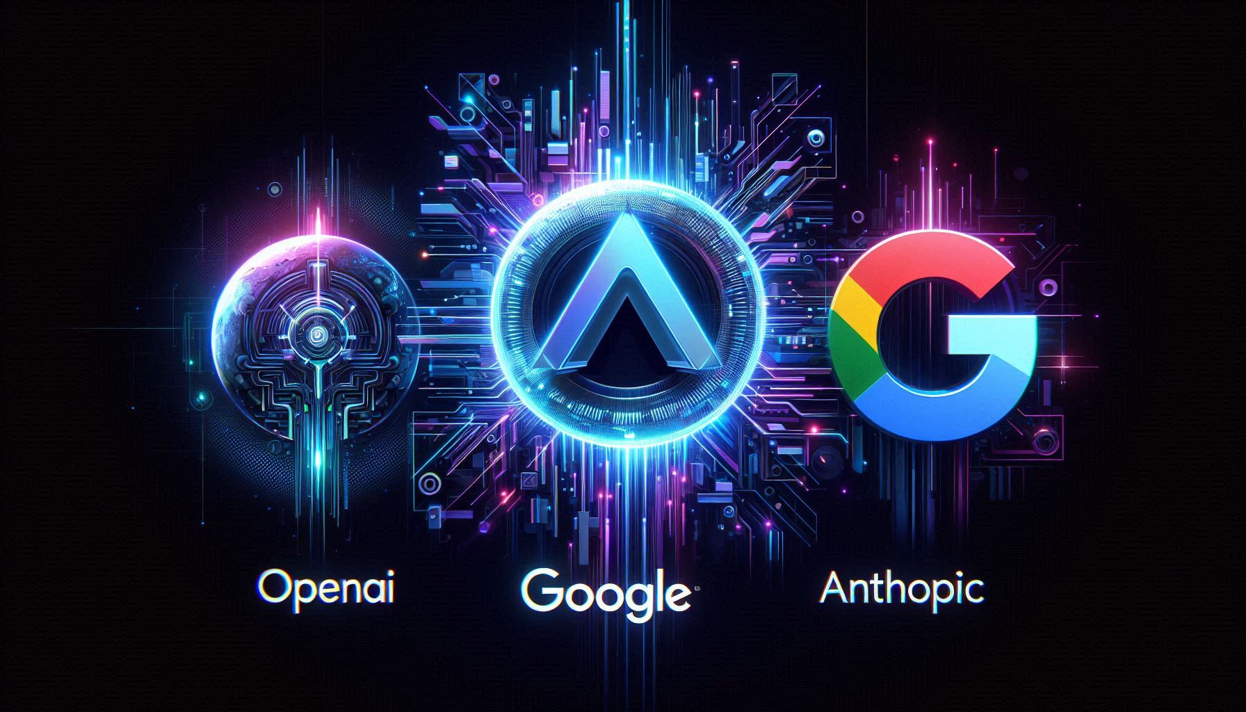 Collage dynamique de logos OpenAI, Google, Anthropic avec des effets de lumière futuristes, style tech moderne, couleurs vives bleu électrique et violet, fond sombre